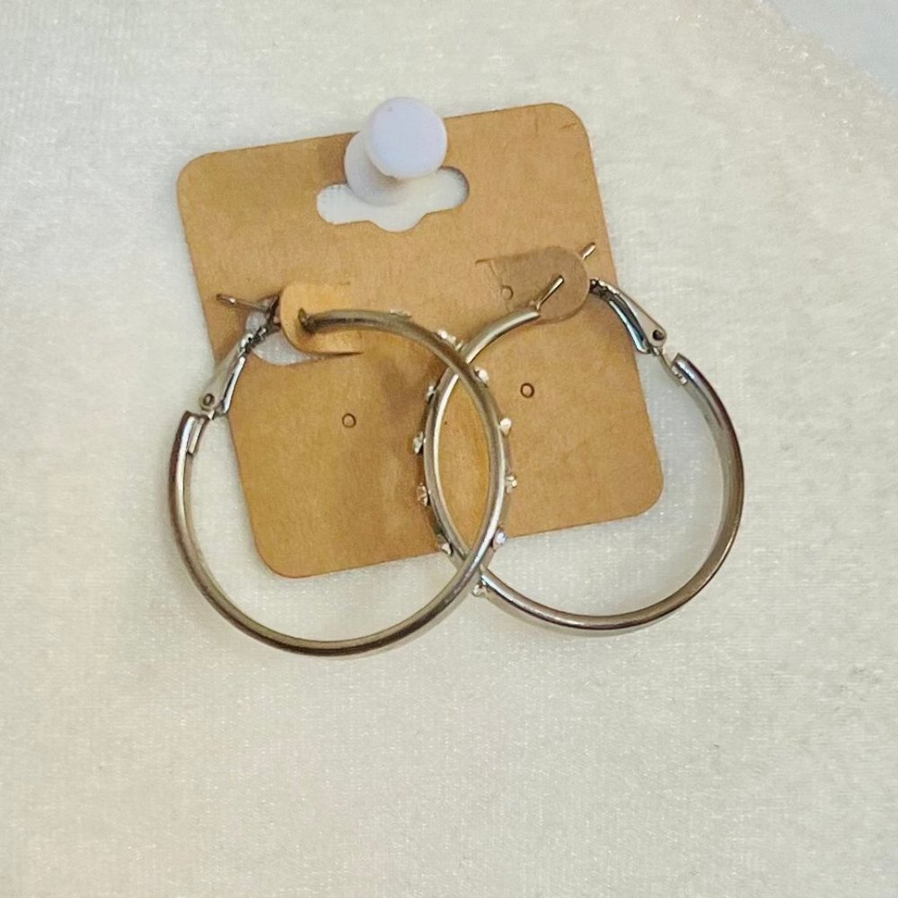 Argentine Stainless Steel & Sparkling Rhinestone Clasp Post Large Hoop Earrings - Picture 4 of 7